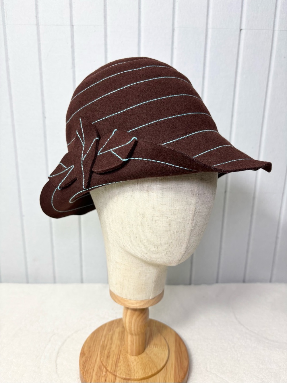 Patricia Underwood Chocolate Brown Wool Cloche with Light Blue Stitching